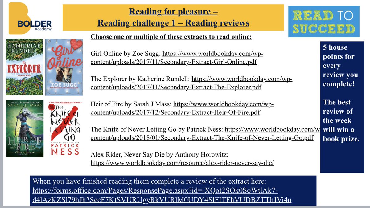 KS3 Reading for pleasure challenges - Using <a href="/WorldBookDayUK/">World Book Day UK 📚</a> resources to get our students reading at home. <a href="/bolderlondon/">Bolder Academy</a> #readtosucceed #readingforpleasure