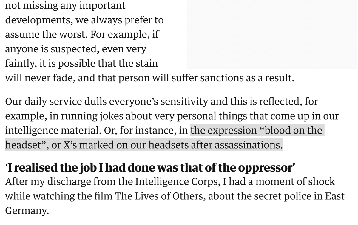 Unit 8200 "veterans" used to mark their headsets with an X for every Palestinian they'd help kill. This was known affectionately as "blood on the headset".

This is who <a href="/UKLabour/">The Labour Party</a> has just hired.