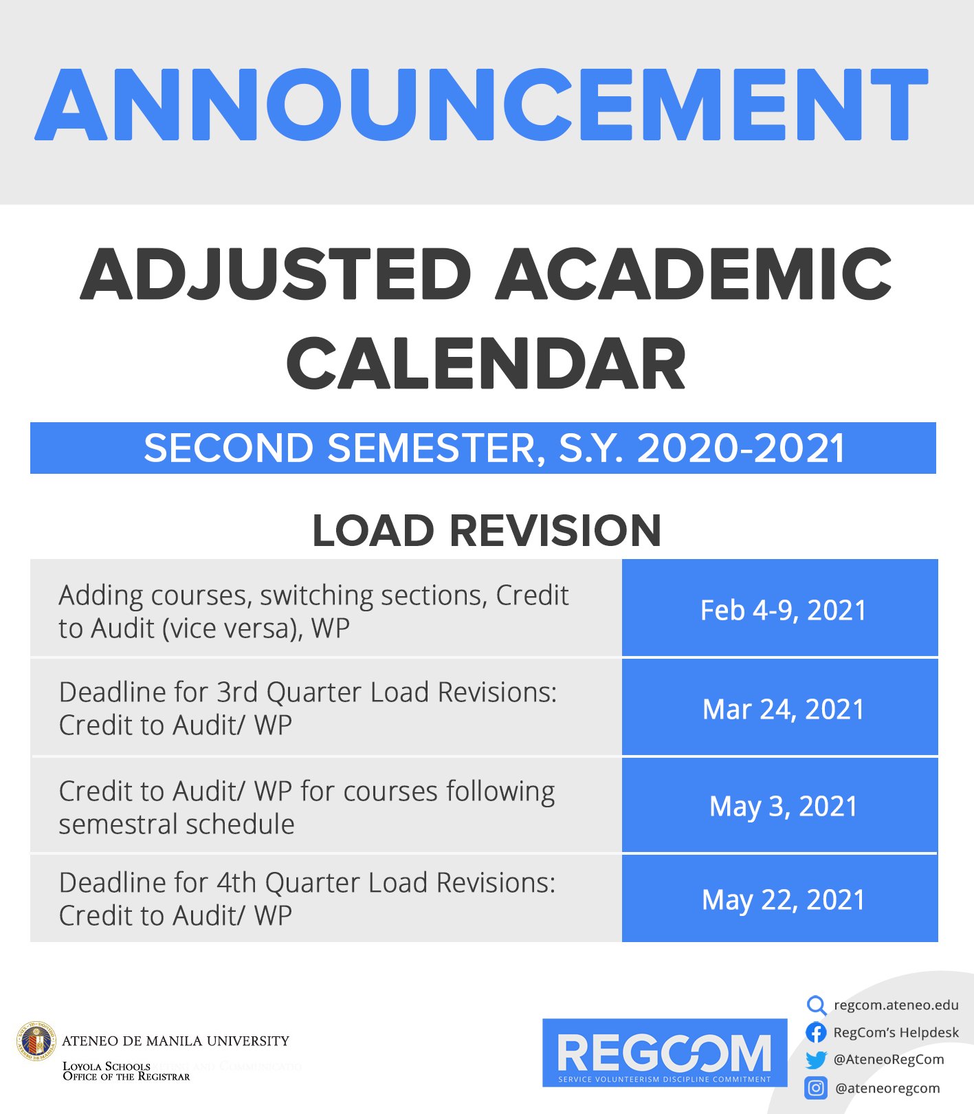 Ateneo Regcom On Twitter Good Day Ateneans Displayed Below Are The Enlistment Dates And The Adjusted Academic Calendar For The Second Semester Sy 2020 2021 Kindly Take Note Of The Enlistment Schedule For