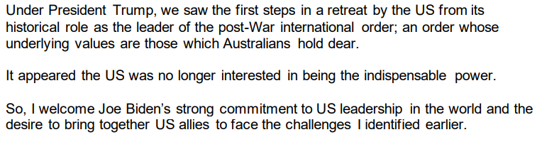 Albanese- "Labor’s support for the alliance will remain stronger than ever under a government I lead." A strong statement. But there's a note of caution too. He'll say the Trump era gave the world a glimpse of a US "no longer interested in being the indispensable power" 3/