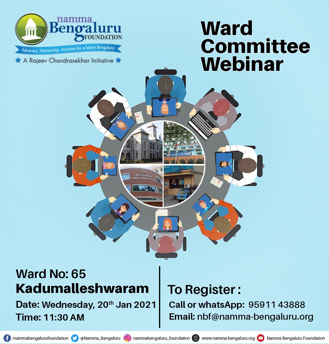 Namma_Bengaluru's tweet photo. @Namma_Bengaluru in association with #BBMPs #Ward #Committee members of #Ward65, #Kadumalleshwaram is facilitating a #ward committee #webinar. Officers shall discuss with ward residents and address #civic issues of the #ward.
On 20th Jan 2021 @ 11.30am
To Register : 9591143888 https://t.co/HtvFkYqnFv