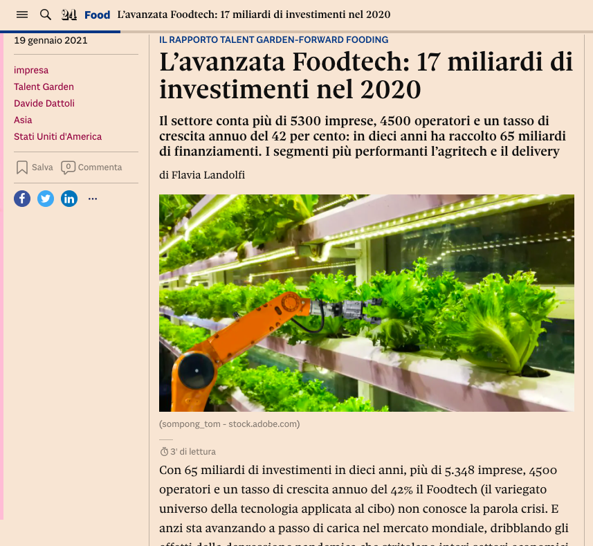 TalentGardenit's tweet photo. Il #TAGFoodtechreport su @sole24ore!
Vuoi approfondire gli highlight del report insieme agli esperti che l'hanno scritto? Iscriviti all'evento di lancio di domani! #Foodtech https://t.co/zRBw240NK2 https://t.co/NyEHEUgAj8