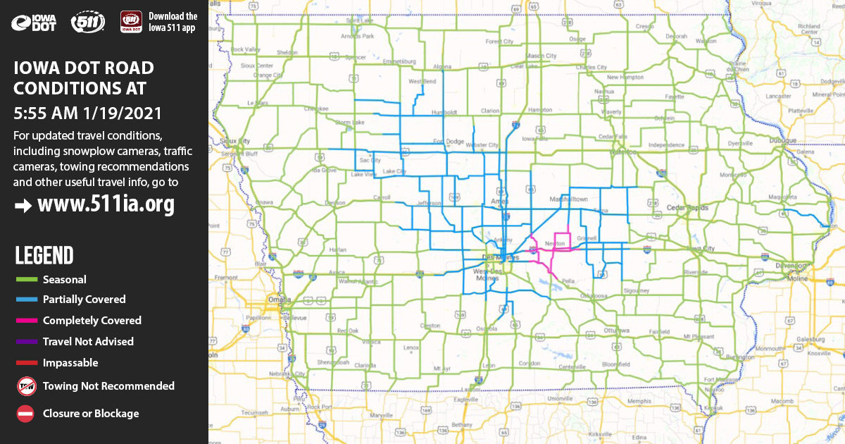 iowadot's tweet photo. (1-19 5:55 a.m.) Light freezing drizzle overnight has some central Iowa roads a little slick this morning. Please use caution on your morning commute in these areas. Buckle up, slow down and leave space between vehicles. Get updates on the Iowa 511 app or https://t.co/2XHJbG5B9b. https://t.co/OsDnDD1W2U
