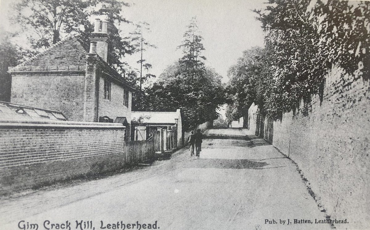 Gim Crack hill, leading up to Church Street from Dorking and Mickleham. Gim Crack owned a horse-drawn cart which he was leading down the hill one day when he was run over a killed. The metal shoe which he applied as a brake is embedded in the flint wall as a memorial