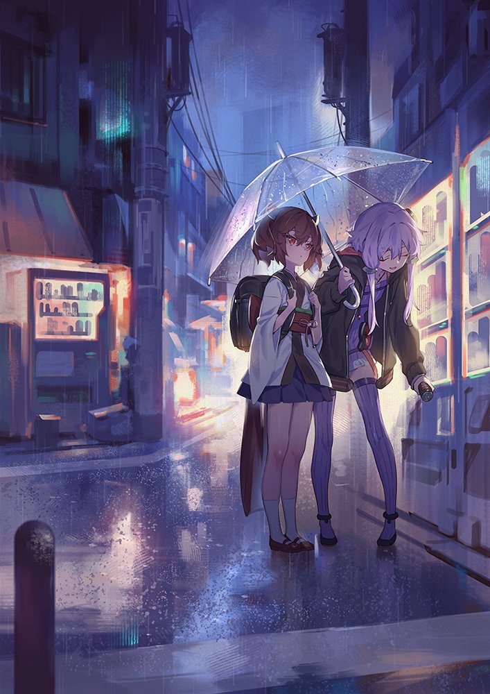 touhoku kiritan ,yuzuki yukari 2girls multiple girls holding white kimono umbrella holding umbrella backpack  illustration images
