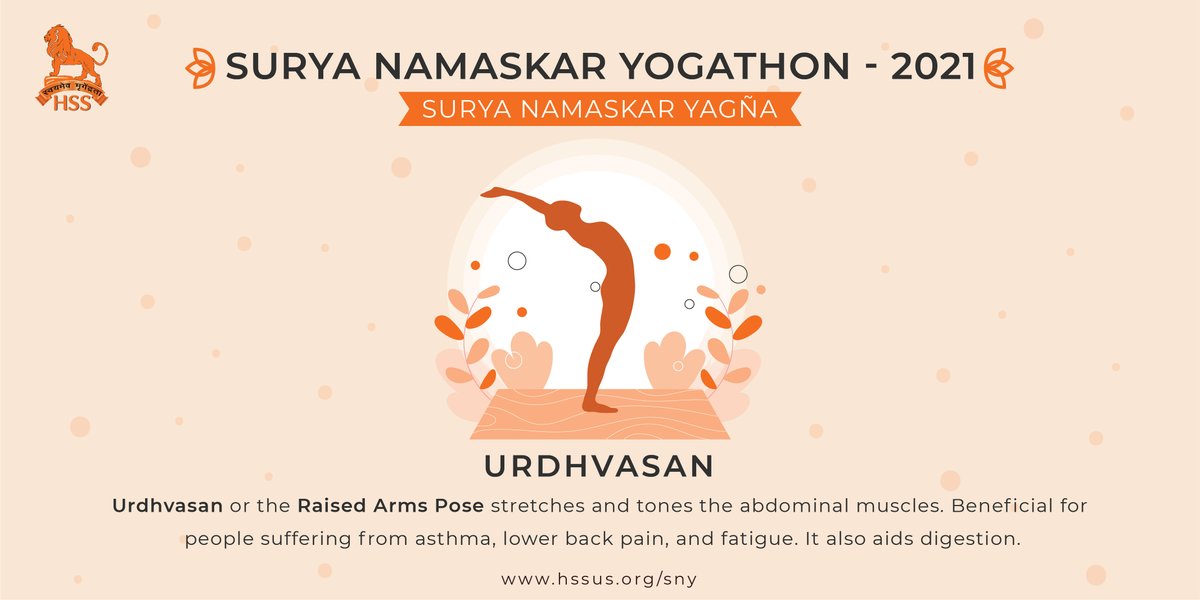  #SuryaNamaskar Posture 2: Urdhwāsan or the Raised-arms-pose stretches and tones the abdominal muscles. Beneficial for people suffering form Asthma, lower back pain and fatigue. It also aids digestion. #SNY #Yoga4Health #Yoga4Humanity #HSSPromotesYoga
