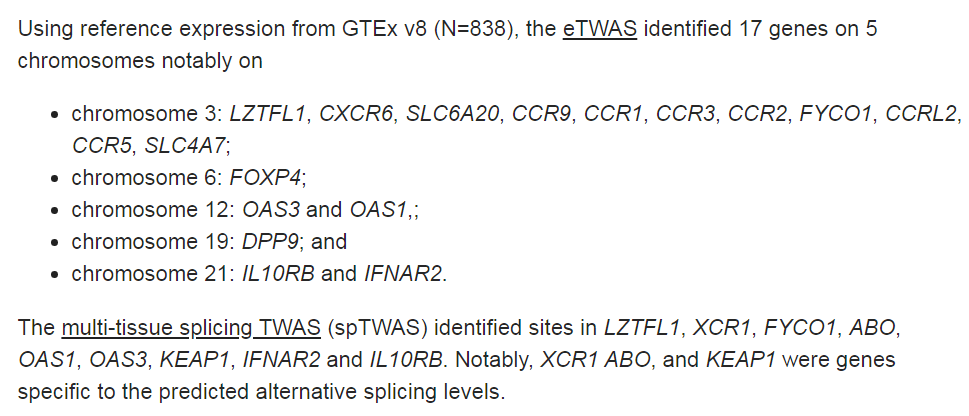 17. Other research on genetic factors from: http://Covid19hg.org&nbsp; https://www.covid19hg.org/blog/2020-10-28-twas-working-group/and slides https://www.covid19hg.org/blog/2020-10-05-october-2-2020-meeting/and the Nature Neanderthal Gene Study https://www.nature.com/articles/s41586-020-2818-3