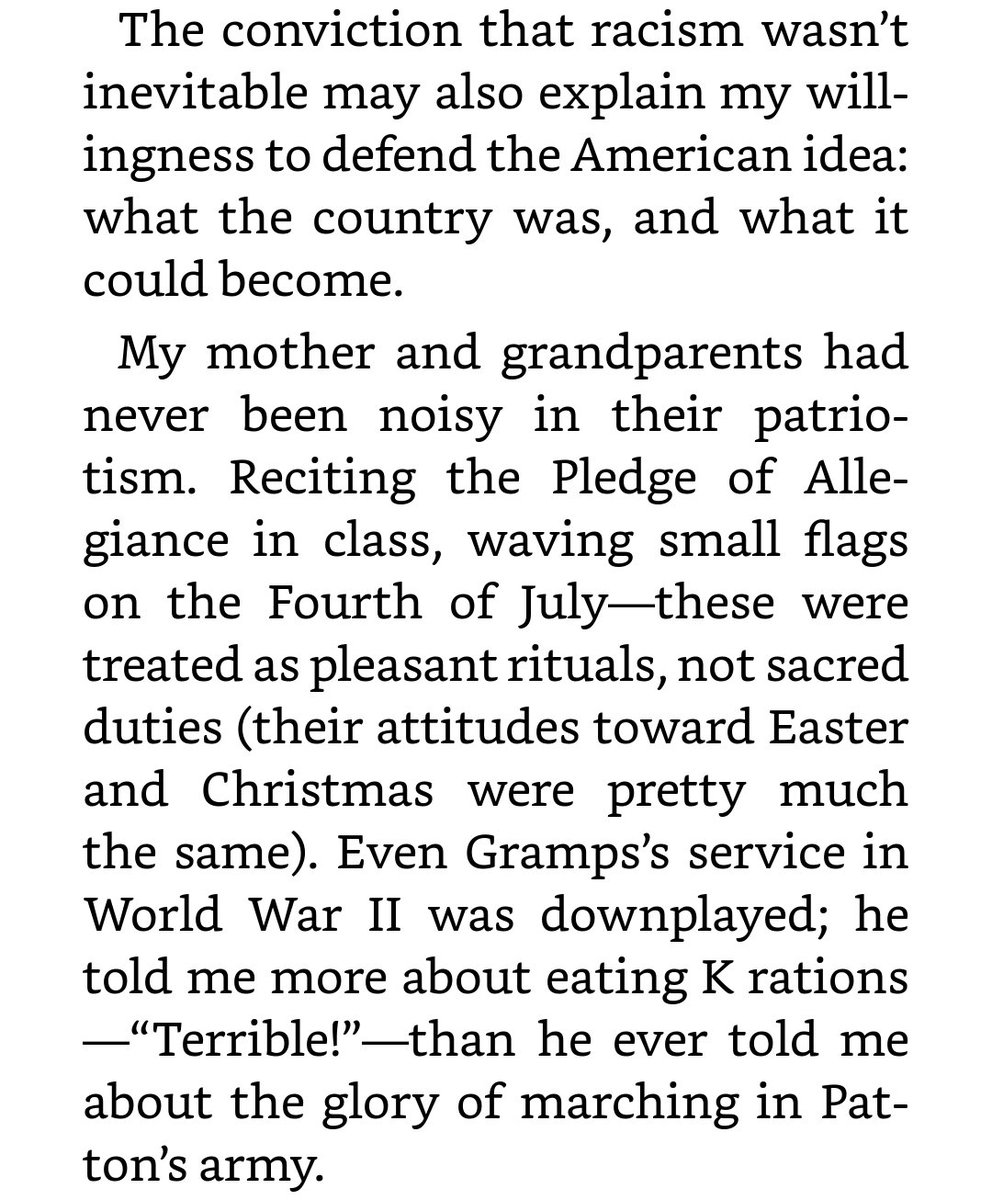 Next be talks about patriotism in his family. While he pivots to compliment his grandfather's patriotic morals, be begins by backhandedly insulting his granddad's surly and cynical tendencies (this comes up a lot when speaking about his grandfather)Again, note the contrast