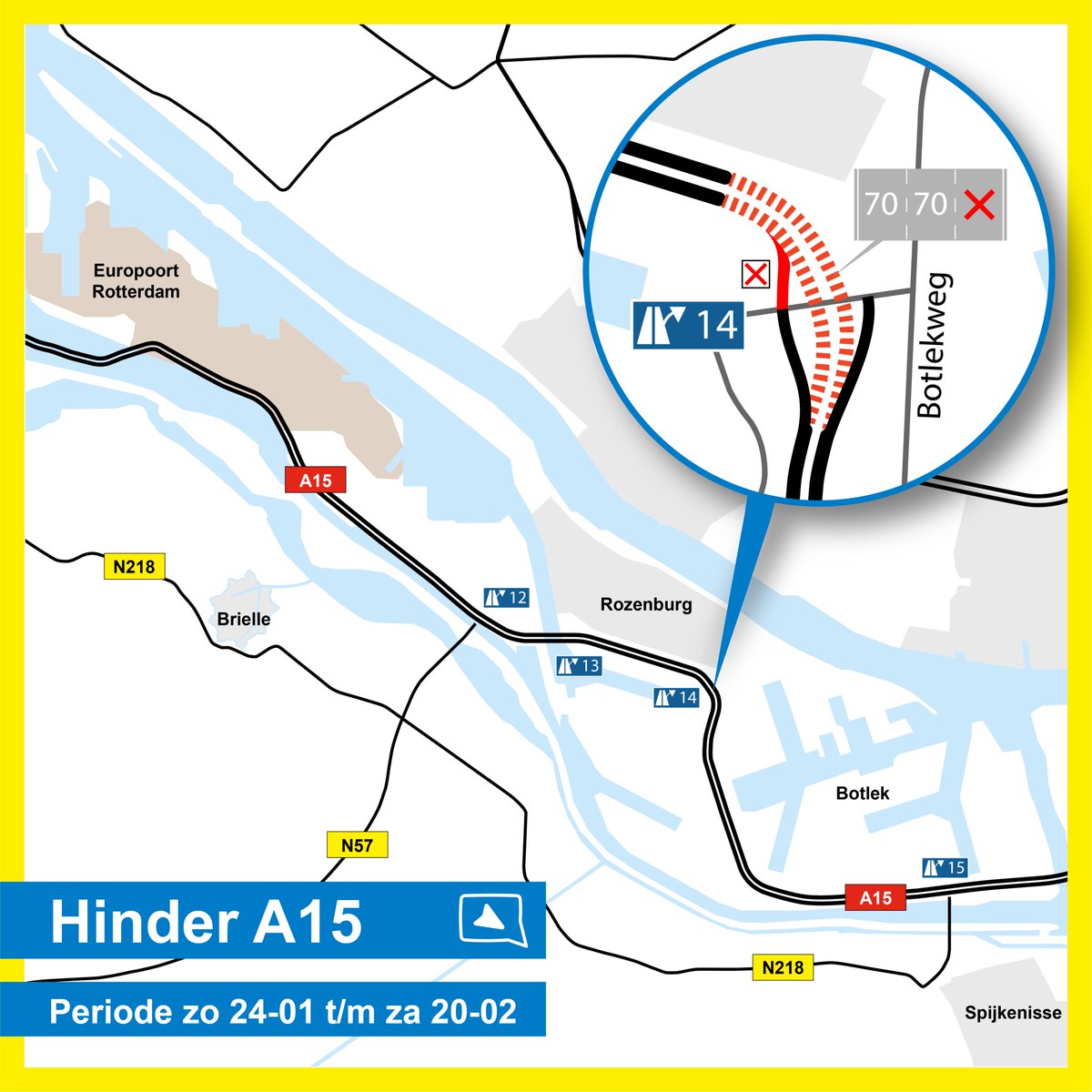 #Werkzaamheden #A15 t.h.v. Rozenburg. Van 24 jan tot 21 feb zijn er 2 i.p.v. 3 rijstroken per rijrichting. Er worden files verwacht, mijd de spits! Tijdens de bouwperiode is de snelheid 70 km/u⚠️ Afrit 14 vanuit Europoort is 4 weken afgesloten❌ Klik hier  bit.ly/3sBhvsR