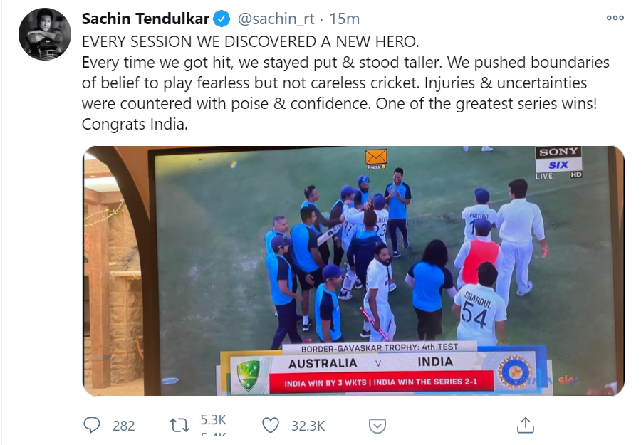 ndtv's tweet image. "One of the greatest series wins! Congrats India," tweets Sachin Tendulkar #AUSvsIND