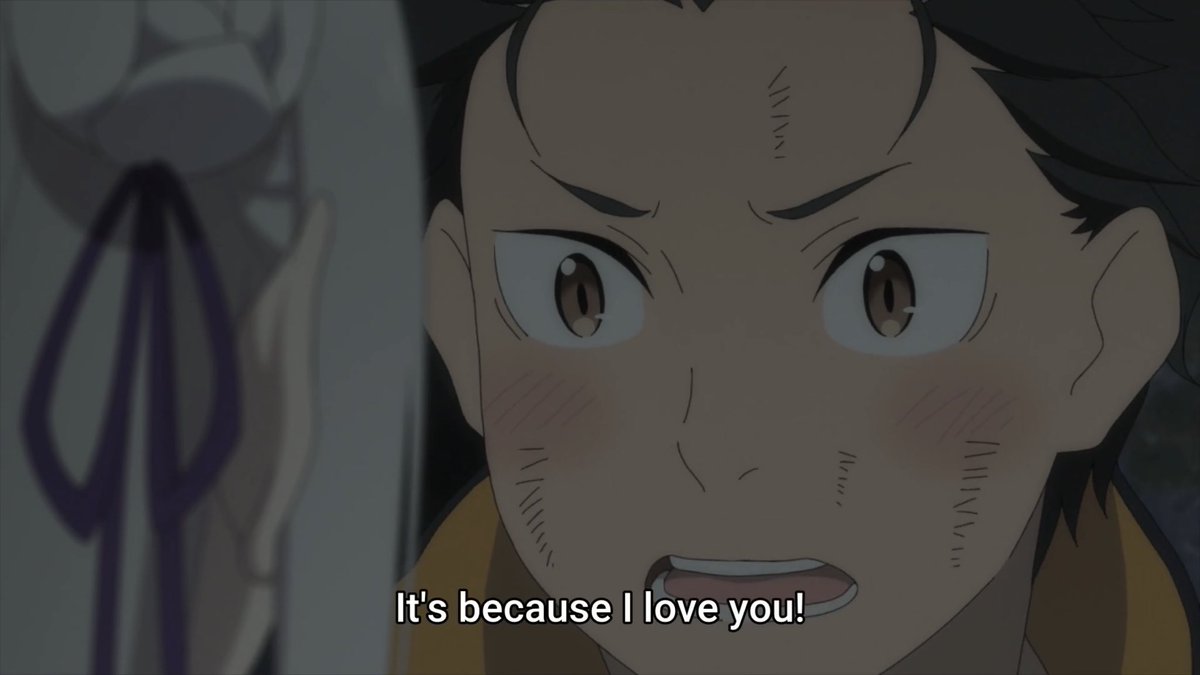 Emilia snaps and we see a new side of her that we haven’t before and Subaru keeps on on saying the same thing over and over until she asks why didn’t he leave