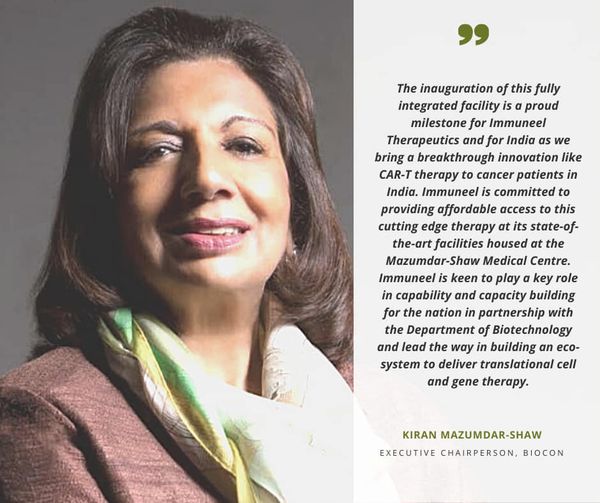 kiranshaw's tweet image. We are proud to have inaugurated Immuneel's Integrated Cell Therapy Development &amp;amp; Manufacturing Facility @NH_MSCC in #Bengaluru. This is India's first state-of-the-art, cGMP compliant facility which will bring breakthrough #cellandgenetherapies to millions of patients in India.