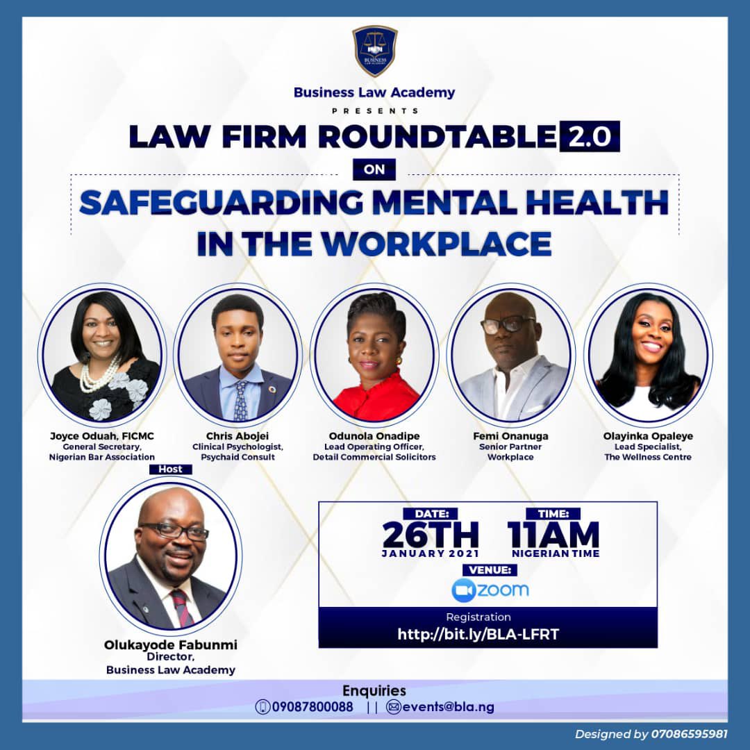 DETAILnigeria's tweet photo. Our Lead Operating Officer, @Odunonadipe Odunola Onadipe, will be speaking at the (@BLAOfficial_ )Business Law Academy Roundtable on Safeguarding Mental Health in the Workplace.
Date: January 26th 2021
Time: 11am
Register here: https://t.co/LPa2xGIiGQ

#MentalHealthMatters #work https://t.co/igqmboi3Hp