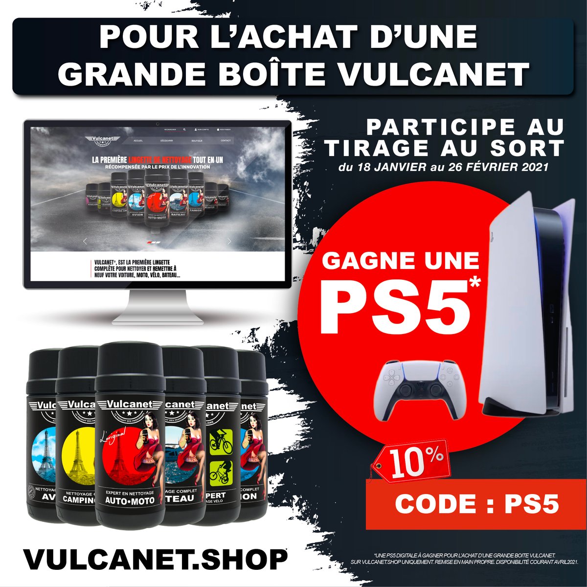 -- 1 SEUL GAGNANT ! --

1- Abonne toi à notre page !
2- Identifie un ami en commentaire !
3- Achète une grande boîte VULCANET avec le code promo -10% "PS5" !
4- Tu as gagné ta PS5 !

Link: vulcanet.shop/fr/5-boites-vu…

#PS5 #CONCOURS #PlayStation5 #automoto #ps5restock 
#JeuConcours