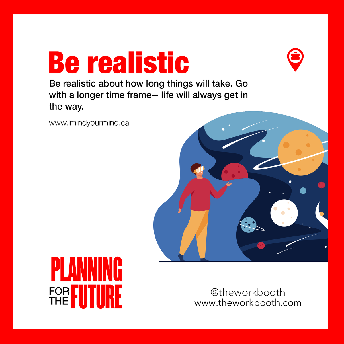 theworkbooth's tweet photo. When planning for the future, Be realistic about how long things will take. Go with a longer time frame-- life will always get in the way.
#planning #planningforthefuture #planningforsuccess #theworkboothmagazine https://t.co/B6bWsfafKA