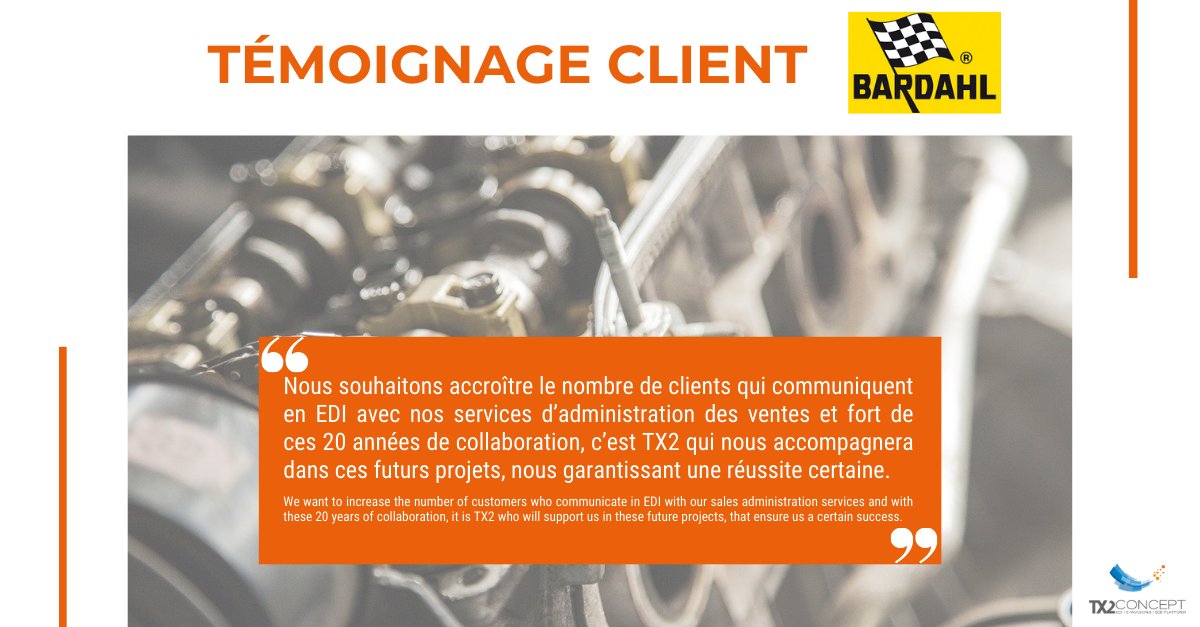 TX2CONCEPT's tweet photo. #TEMOIGNAGECLIENT 📣 – Retrouvez la suite du témoignage de notre client @BardahlFrance sur notre site internet ➡️ https://t.co/vb2kJT9igA
#EDI #dématérialisation #factures #einvoicing #webcat #invoices #dematerialization https://t.co/JqV62RxBuY