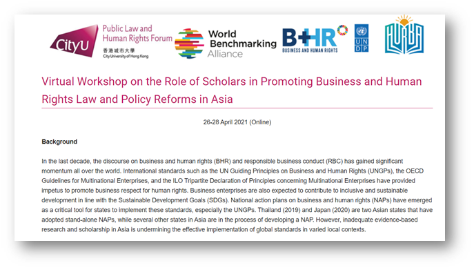 Asian Academics and Researchers in focus. <a href="/BizHRAsia_UNDP/">UNDP Business and Human Rights</a> , the City University of Hong Kong, <a href="/SDGBenchmarks/">World Benchmarking Alliance</a>  and HURBA are collaborating for a virtual workshop on 26-28 April 2021 to build capacity 
on #bizhumanrights Law. 25 posts available.  cityu.edu.hk/slw/CPLR/20210…