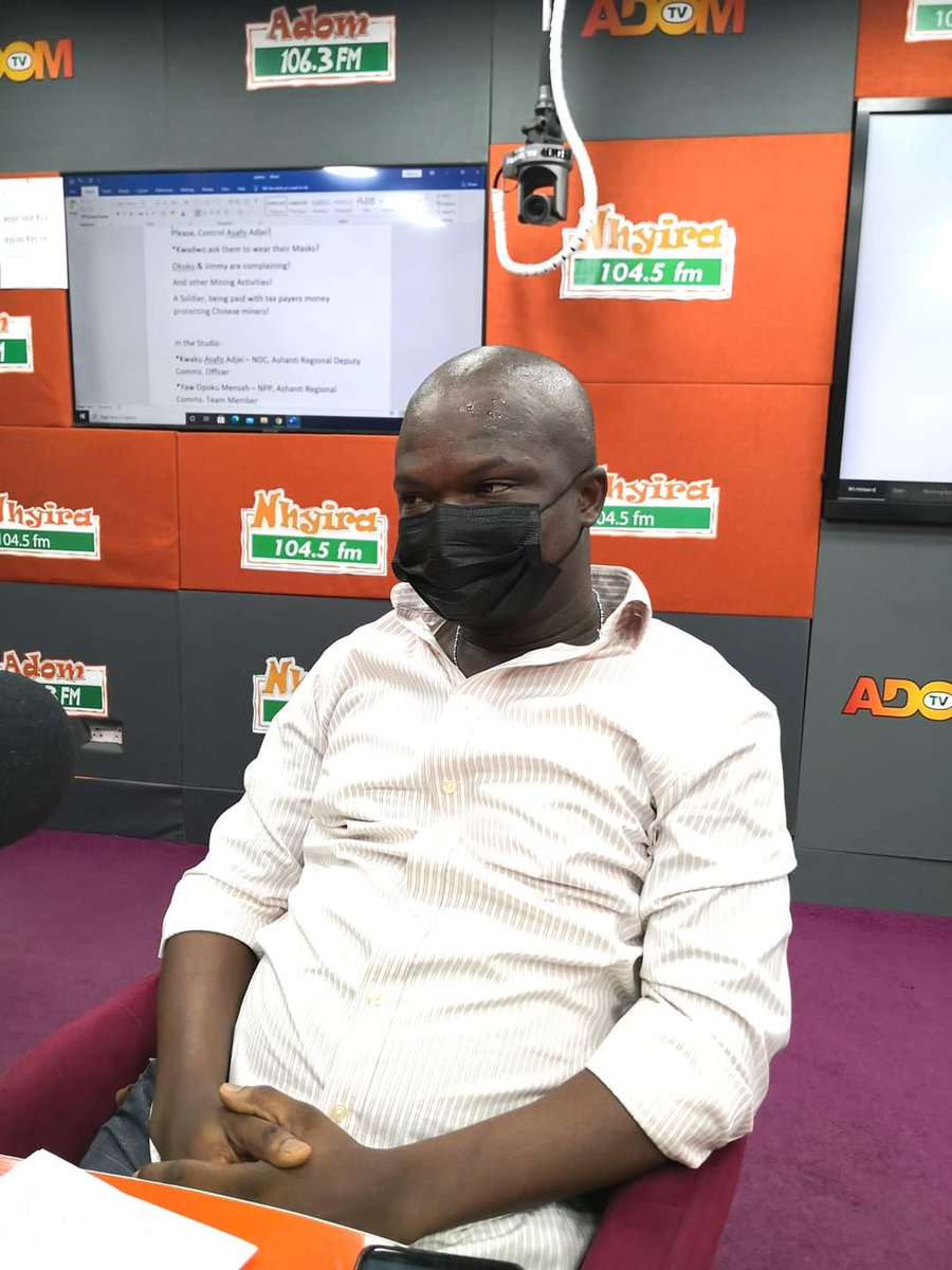 nhyira1045fm's tweet photo. [Studio Photo]: #KuroYiMuNsem

Guest: Kwaku Asafo Agyei - NDC, Ashanti Regional Deputy Comms. Officer. 

Wear a face mask campaign.
#StayDistant #StopTheSpread #SaveLives https://t.co/lk2ygCXr3L