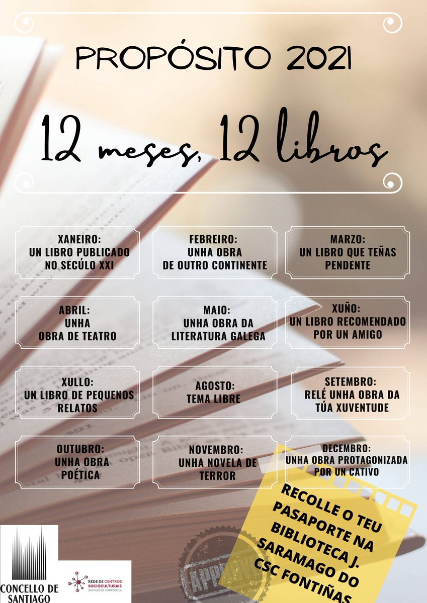 RedeCSCSantiago's tweet photo. 12 meses 12 Libros #Propositos #Bibliotecas #CsCompostela https://t.co/MLcktnDnu8