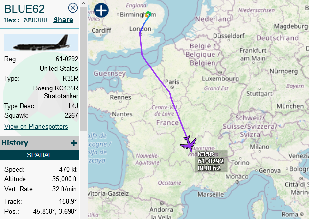 SirListenalot's tweet photo. #KC135's #BLUE62 and #BLUE72 spaced ~1h15 out of Mildenhall. I guess they will pick up some "SP" #F16's out of Al Dhafra near Crete to bring them home. Wait & see... https://t.co/7sCGmsdylx