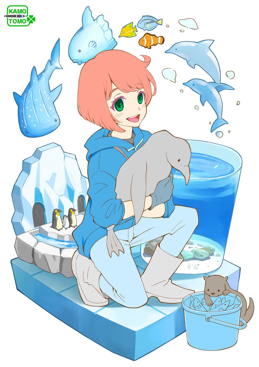 かもとも イラストレーター メイキング 水族館飼育員さんのメイキングです 1 ラフ 2 線画 3 キャラベタと背景の塗り 背景はこの段階までは1枚レイヤーで描きました 水槽の中の魚やハイライトは仕上げで別レイヤーで描いてます 時短を狙って1枚で