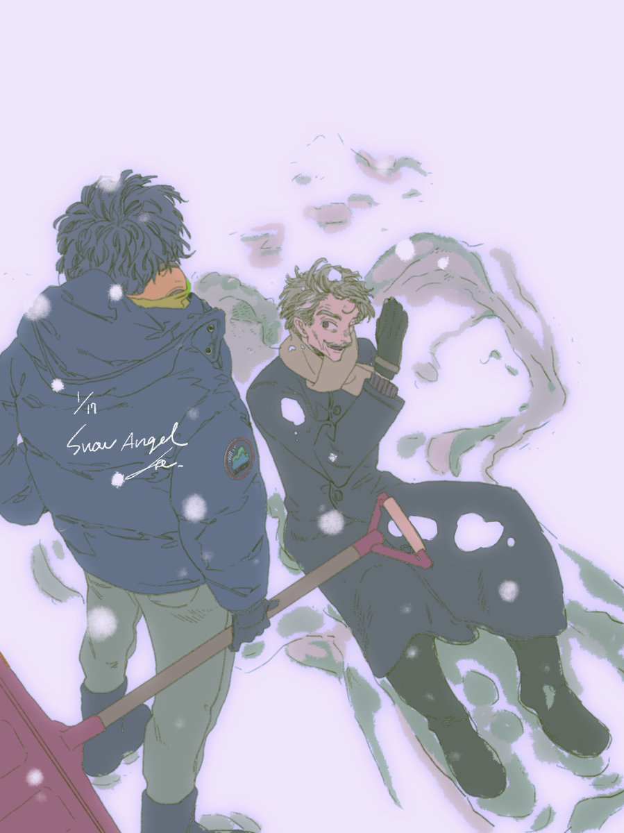 #ヒゲ版深夜の真剣お絵描き60分一本勝負 遅刻ですが...!お題は【雪掻き/snow shovelling】【スノーエンジェル/snow angel】 