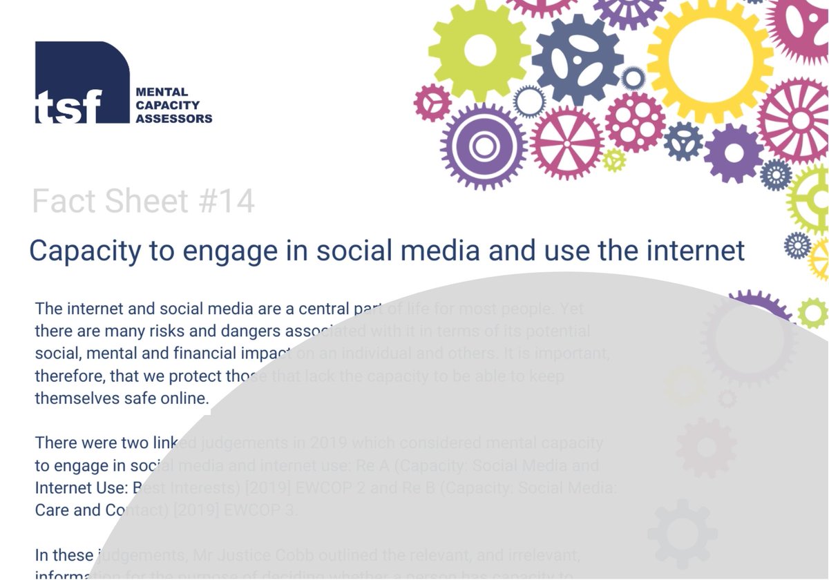 TsfAssessments's tweet photo. Fact Sheet #14 - Capacity to engage in social media and use the internet, looking at the many dangers associated with it for those with reduced capacity. For the full 2 pages, visit https://t.co/mPM3uZ4aSw. https://t.co/q72Xt9XhXB