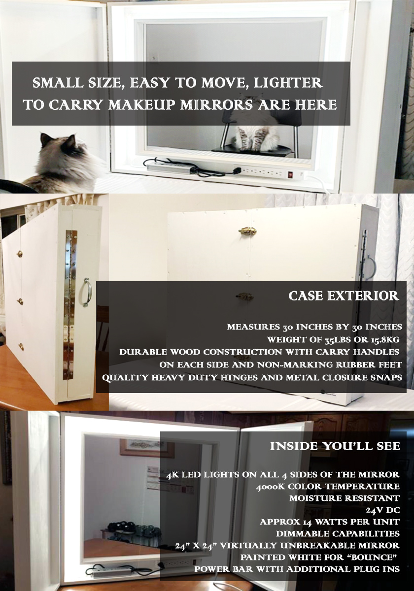 Small size, easy to move, lighter to carry makeup mirrors are here!

So contact us now on 250-483-6718 or 204-416-7229!
#langley #kelowna #winnipeg #makeupmirror #filmmaking #events #makeupmirrors