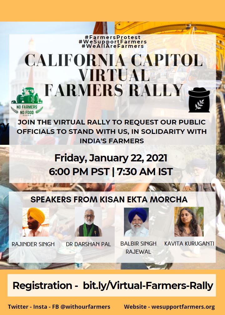 WithOurFarmers's tweet photo. Big News: California Capitol Rally will be on 22 Jan, 6 pm PST on Zoom.

We will be joined by Big Leaders from Kisan Ekta Morcha
- Balbir Singh Rajewal
- Dr Darshan Pal
- Rajinder Singh
- Kavita Kuruganti

Registration - https://t.co/6vpfYbyxA4
#istandwithfarmer #farmersrprotest https://t.co/tTxDWyz3R1