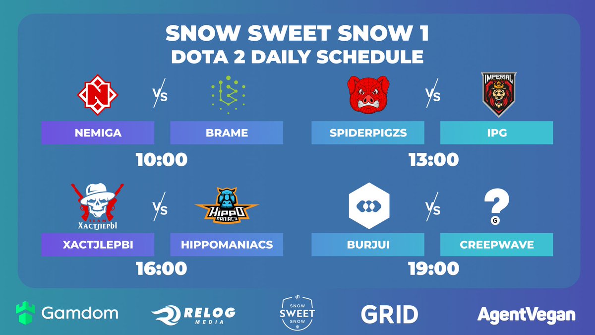 CCT_CS's tweet photo. In today's schedule for Dota: ๐
@nemigagg vs @BrameEsports,
#spiderpigzs vs @Imperial_Dota2,
#Xactjlepbi vs @hippomaniacs,
#burjui vs #Creepwave ๐ฅ
You can watch them all here ๐https://t.co/LsDNhilOlB ๐บ https://t.co/4GvRZWQMki