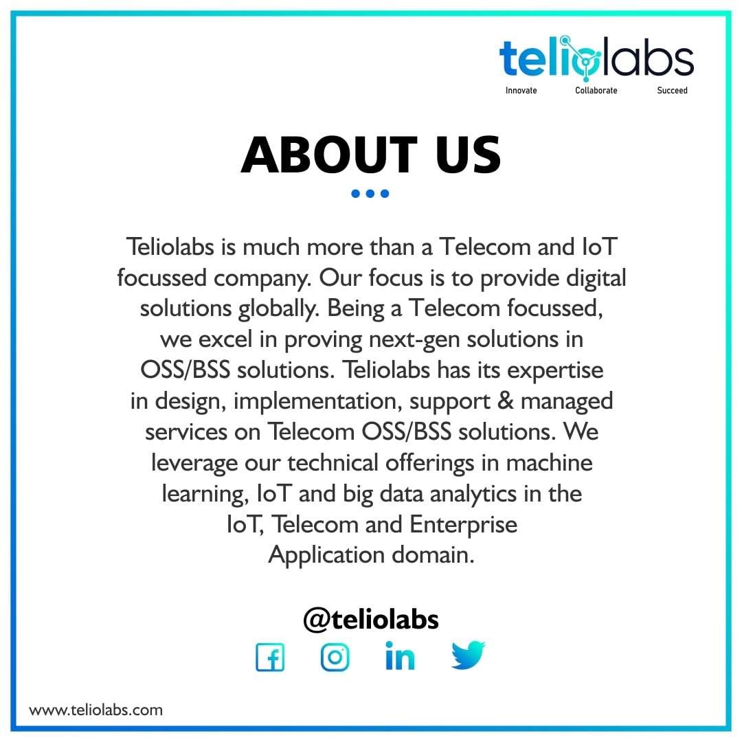 teliolabs's tweet photo. About Teliolabs.
To know more, visit https://t.co/3B0J7vOLKv
#teliolabs #newbeginnings #newidentity #iot #telecom #telecommunications #telecomlife #iotsolutions #hyderabad #india #usa #siliconvalley #technology #technews #techno #technologysolutions #digitalsolutions #about https://t.co/2gGVlooFhx