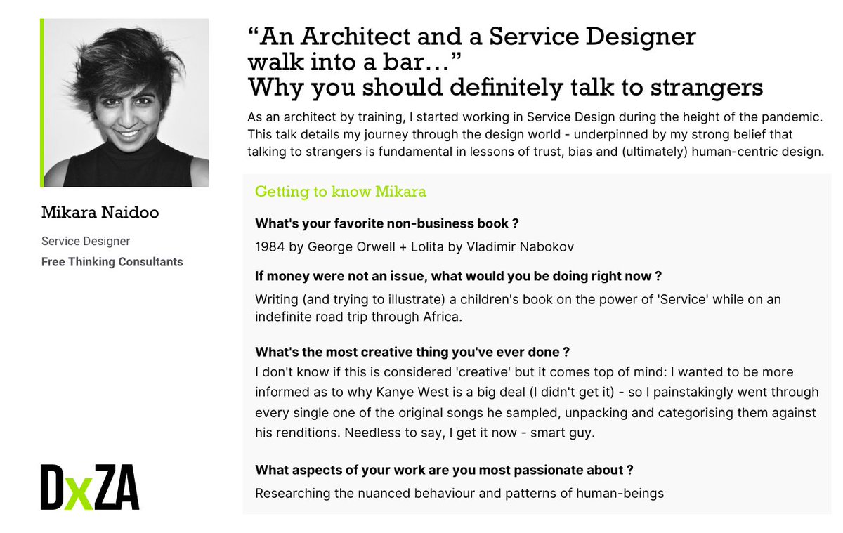 Looking forward to hearing from one of our talented and passionate members  <a href="/M_i_k_a_r_a/">Mikara Naidoo</a> at this years @xdesignxza conference. 

We have heard her speak before and promise that this is not to be missed!  

#DxZA21 #ServiceDesign #UserExperience