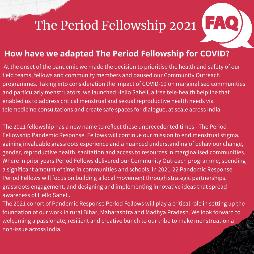 We have spent a lot of time and thought to design and adapt The Period Fellowship an immersive leadership journey this year to the COVID-19 context, to keep our fellows and the marginalised communities we work with safe. ✨
To apply now and  learn more, buff.ly/2XIQohu