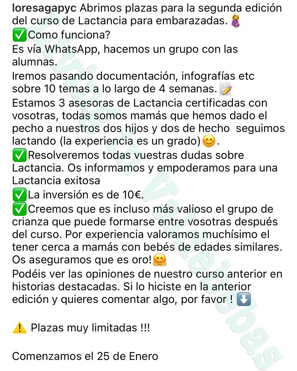 LivingValdbebas's tweet photo. Nuevo curso lactancia para embarazas a cargo de Valdelacta 4 semanas a cargo 3 asesoras de lactancia por Edulacta Plazas limitadas Precio simbólico 10€

Comienza este lunes 25 enero Llamad de nuestra parte Tenemos 10 plazas reservadas para nuestras seguidoras.

#promocionesvdbb https://t.co/iJOE7DkK7L