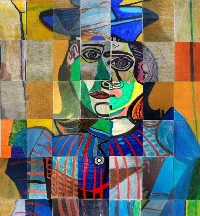100Akkent's tweet photo. Art in Pandemic Days eTwinning projemiz için Picasso'nun Mavi Şapkalı Kadın eserini 42parçaya böldük. Öğrencilerimize dağıttık. Öğrencilerimiz her bir parçayı yeniden boyadı. Boyanan bu parçaları birleştirdik. Tabloyu yeniden oluşturduk. @bircankeles @tretwinning @kamilyilmaz33 https://t.co/5GbKnL37Cq