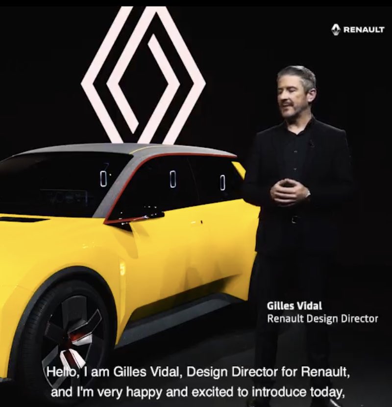 EngelskirchenC's tweet photo. New logos for everyone? After VW, Nissan, GM, Kia, have decluttered logos to make them less 3d, more iconic and app-compatible, we see Gilles Vidal from Renault in front of new Renault 5 - and a flattened interpretation of their logo. Who will be next? ⁦@autovista_group⁩ https://t.co/V08SypvNTe