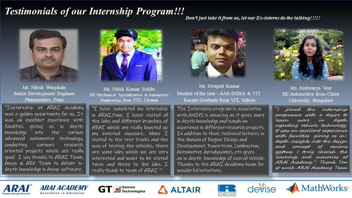 arai_academy's tweet photo. ARAI Academy proposing “1 Month Certified Virtual Internship Training Program on Hybrid Electric Vehicle (xEV)” in association with Gamma Technology, Altair, Ricardo, Devise Electronics and Mathworks.
Date: 1st Feb to 1st March 2021

Contact-  Pramod Hande cae.pga@araiindia.com https://t.co/tOwOSOion5