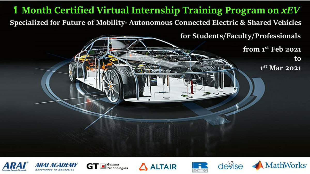 arai_academy's tweet photo. ARAI Academy proposing “1 Month Certified Virtual Internship Training Program on Hybrid Electric Vehicle (xEV)” in association with Gamma Technology, Altair, Ricardo, Devise Electronics and Mathworks.
Date: 1st Feb to 1st March 2021

Contact-  Pramod Hande cae.pga@araiindia.com https://t.co/tOwOSOion5
