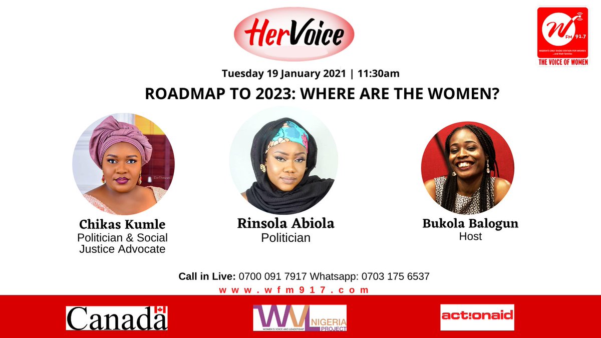 wfm917's tweet photo. #HerVoice on Women Radio 91.7
.
"Roadmap to 2023: Where are the Women?"
.
with @bukky_bb
Livestream: https://t.co/UriTlCyQ8B
@wfm917 on Twitter, Instagram and Facebook
.
#HerVoice
#TheVoiceOfWomen
#2023
#Roadmapto2023
#politics
#nigerianwomeninpolitics
#womeninpolitics https://t.co/AOgbGqMveE