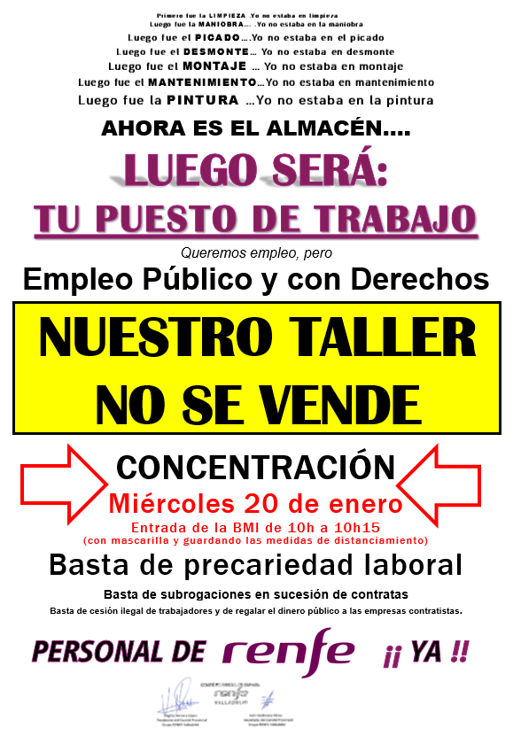 SFFCGTVallad's tweet photo. Nuevo taller en #Valladolid de @Renfe pero viejos problemas que no se resuelven sumados a las externalizaciones de trabajos y a la falta de #EmpleoPublico .@mitmagob @abalosmeco soluciones YA #20E concentración a la puerta https://t.co/tK6xsKjQxP