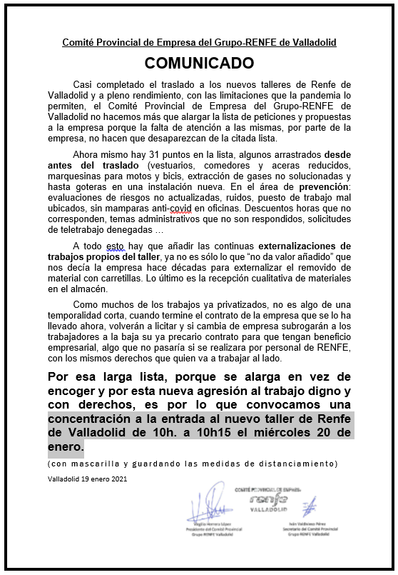 SFFCGTVallad's tweet photo. Nuevo taller en #Valladolid de @Renfe pero viejos problemas que no se resuelven sumados a las externalizaciones de trabajos y a la falta de #EmpleoPublico .@mitmagob @abalosmeco soluciones YA #20E concentración a la puerta https://t.co/tK6xsKjQxP