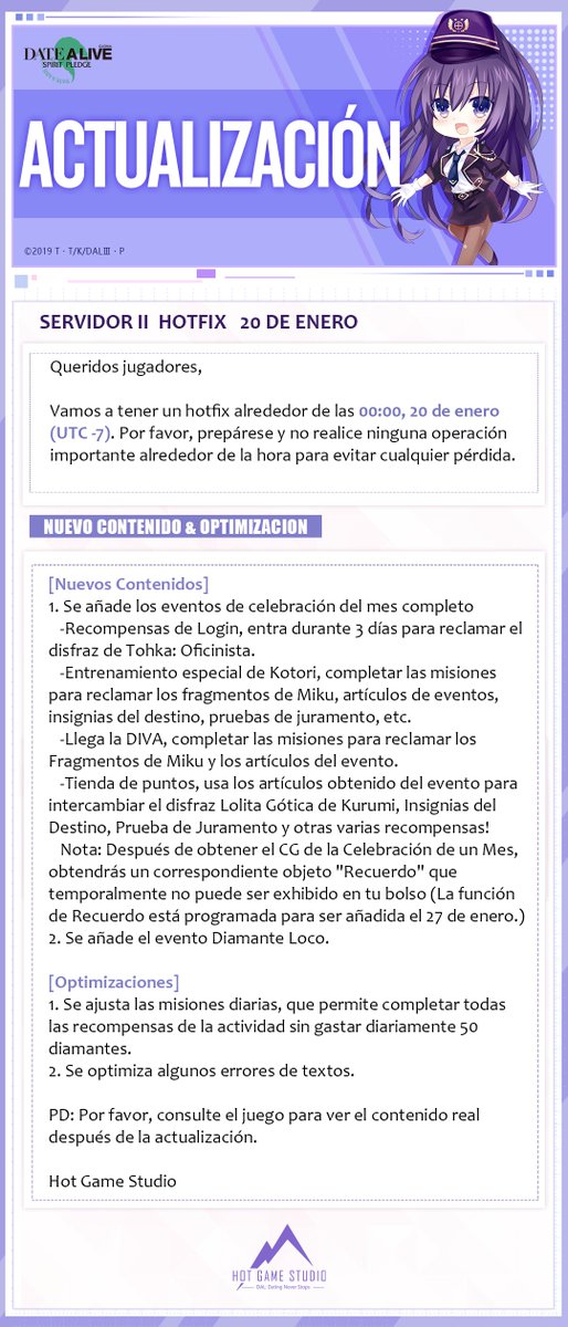 DALSP_ES's tweet image. Queridos jugadores,

Vamos a tener un hotfix alrededor de las 00:00, 20 de enero (UTC -7). Por favor, prepárese y no realice ninguna operación importante alrededor de la hora para evitar cualquier pérdida.

Toca la foto para más detalles.

#DateALive #SpiritPledge