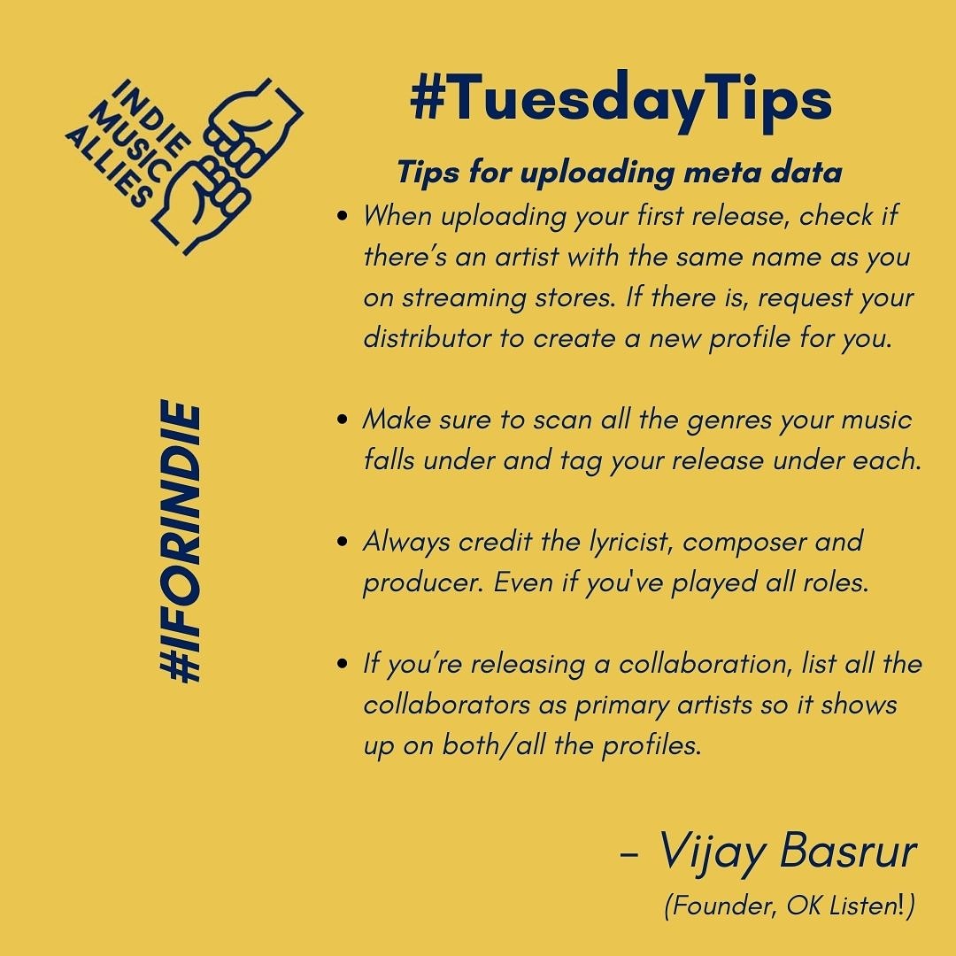 And we're back fellow allies!
And back with some sound advice from our founding member <a href="/basrur/">Vijay Basrur</a> of <a href="/oklistenin/">OK Listen!</a> on uploading your meta data before releasing your music.

Also, stay tuned for announcements on upcoming events. *Excited 😁*
#TuesdayTips #iforindie #musicrelease