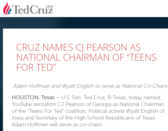 Later in 2015, CJ Pearson left Rand Paul’s campaign and joined Ted Cruz’s presidential campaign as the Chairman of “Teens for Ted.” Try to deny knowing CJ Pearson, Ted.