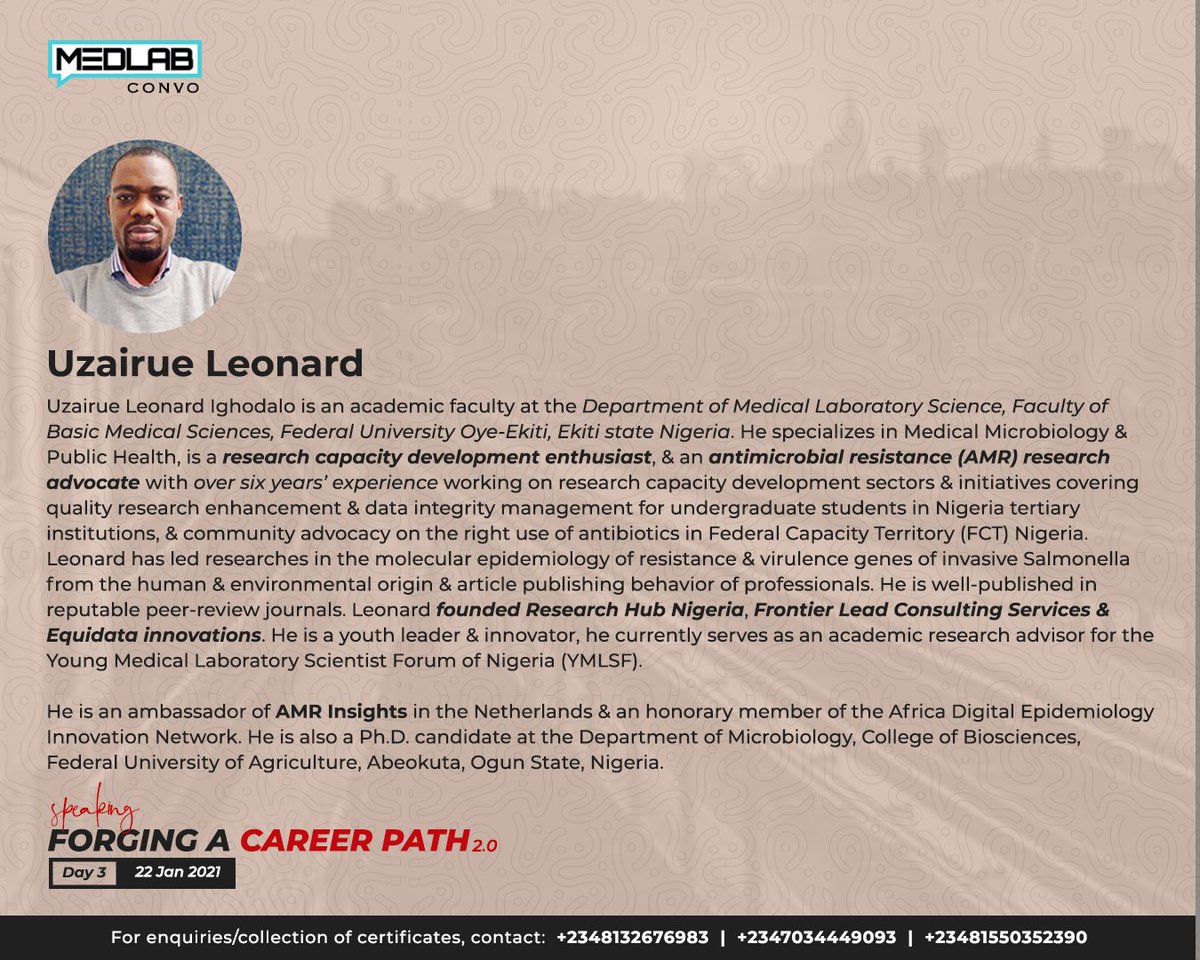 Medlabconvo's tweet photo. 3 days to Forging A Career Path 2.0 webinar!.
Why not tag 5 of your friends you know will benefit from this program reminding them to register here https://t.co/2C7SSxUMAz.
The profiles of our facilitators is more reason why you should register now and not miss out on this! https://t.co/fqOJHE1u4X