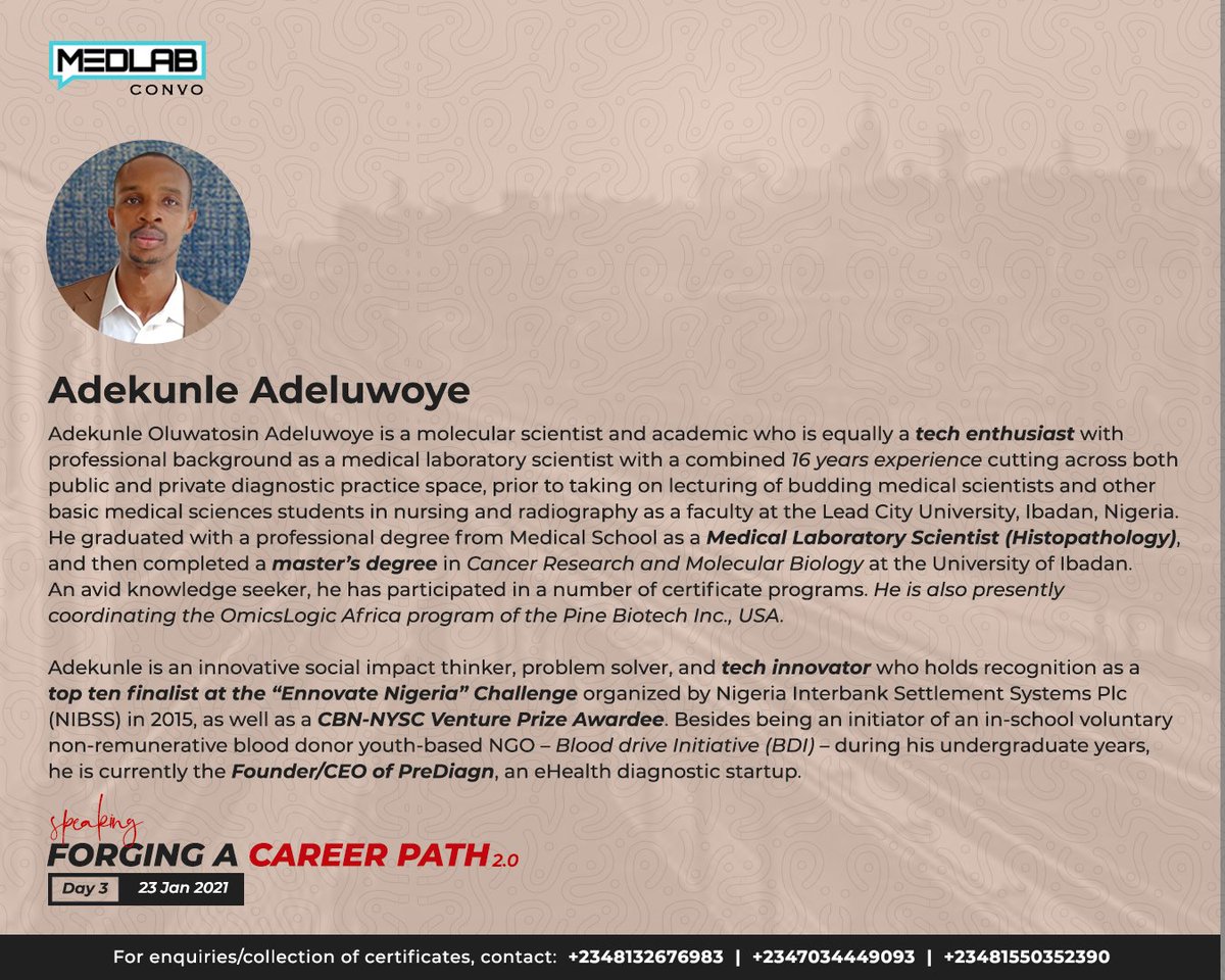 Medlabconvo's tweet photo. 3 days to Forging A Career Path 2.0 webinar!.
Why not tag 5 of your friends you know will benefit from this program reminding them to register here https://t.co/2C7SSxUMAz.
The profiles of our facilitators is more reason why you should register now and not miss out on this! https://t.co/fqOJHE1u4X