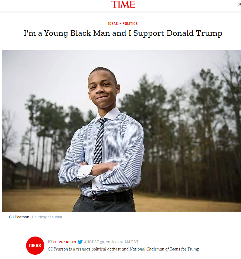 In mid-late 2016 once Trump had won the primaries, CJ Pearson, aged 14, joined the Trump Campaign and became the National Chairman of Teens for Trump.