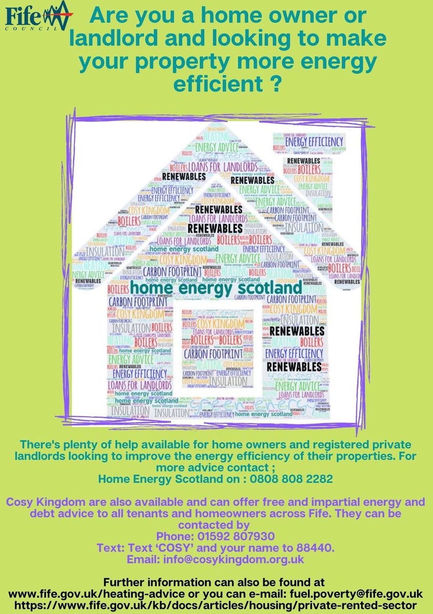 FifeCouncilTP's tweet photo. Are you a home owner or a landlord &amp; looking to make your property more energy efficient? For more information on funding &amp; energy efficiency advice click on the links below. https://t.co/kpkqZJJfeY https://t.co/poHvWnYBkv https://t.co/Fbn031XCfA https://t.co/fFJ0CKdDbi