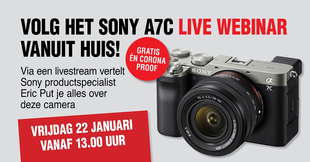 Op vrijdag 22 januari 2021 om 13.00 uur start het speciale live #webinar over de A7C, Sony’s meest compacte fullframe systeemcamera. Productspecialist Eric Put vertelt je alles over deze camera! Meld je aan voor dit gratis evenement: ringfoto.nl/sony-a7c-live-…