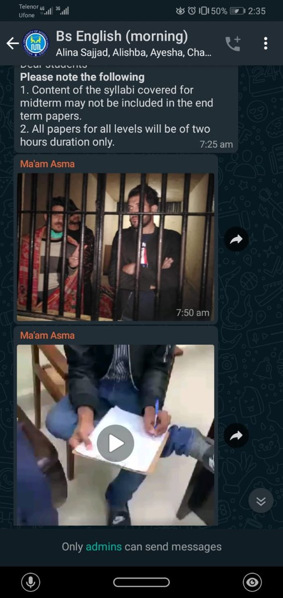 SyedaZainZahra1's tweet photo. Teachers are sharing these kinds of messages to show that they won and now they are saying just to focus on exams. 
Changing setting into privacy and not allowing students to speak for their rights is such a cowardy behaviour.
#NUMLians_under_Police_torture https://t.co/zcZTTGflJX